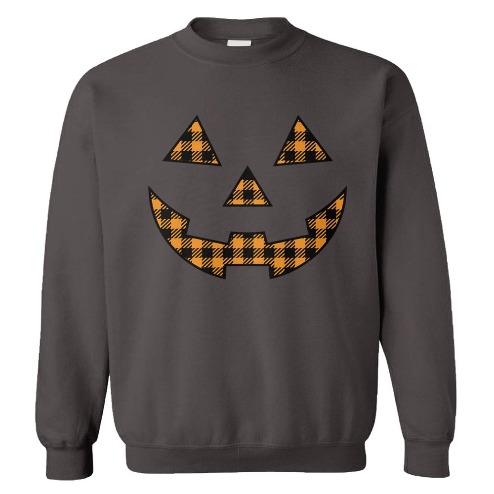Tcombo Plaid Pumpkin Face - Halloween Outfit Unisex Crewneck Sweatshirt (Plaid Face - Charcoal, XX-Large)