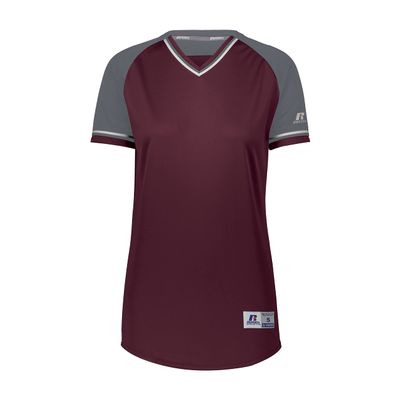 Russell Athletic Ladies Classic V-Neck Jersey Maroon/Steel/White L