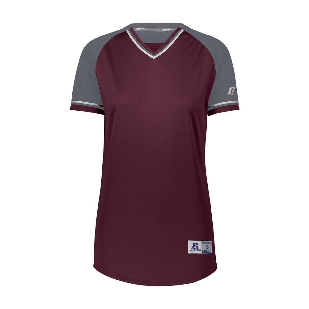 Russell Athletic Ladies Classic V-Neck Jersey Maroon/Steel/White L