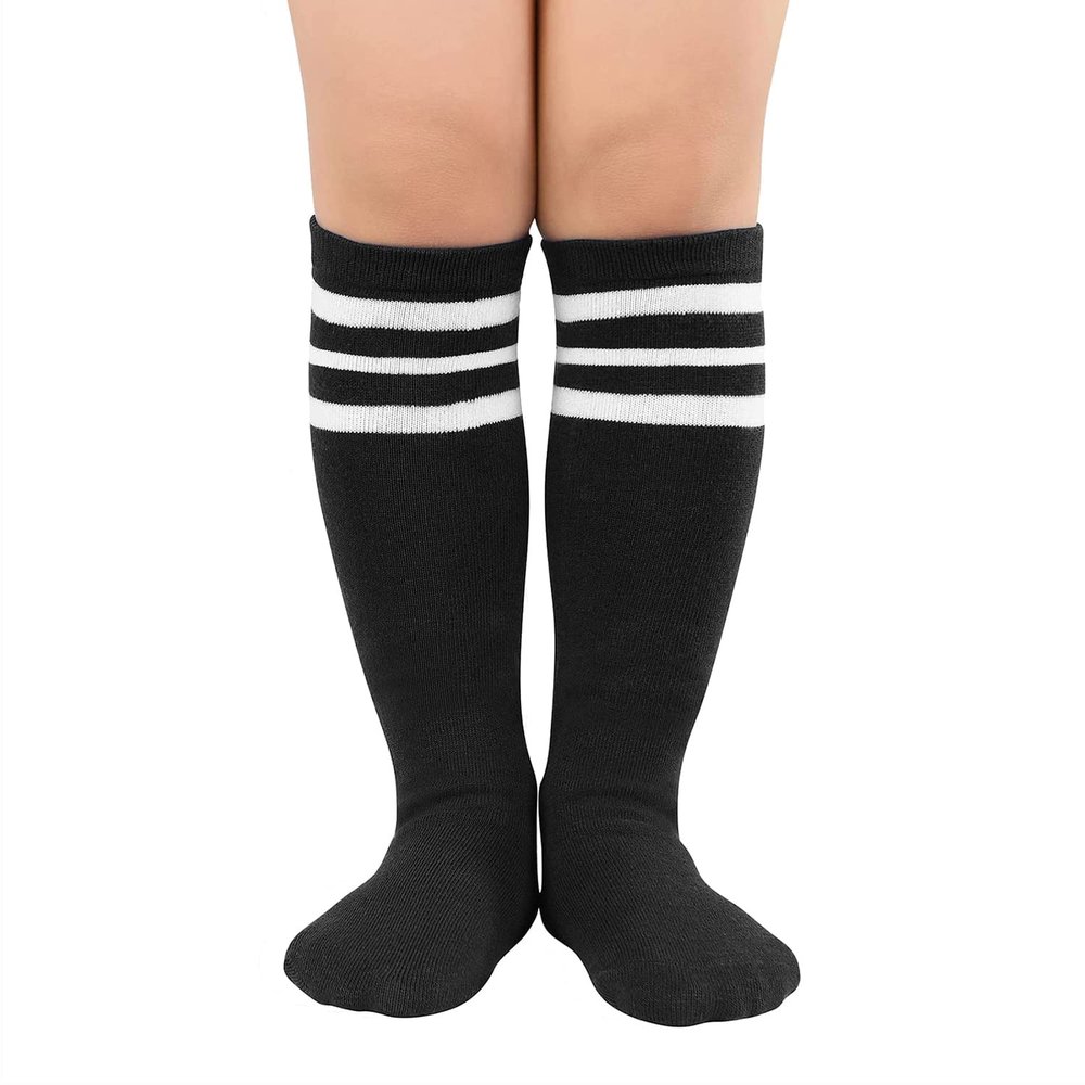 Durio Kids Soccer Socks Toddler Sports Soccer Socks for Boys and Girls Knee High Socks Black with White Stripes