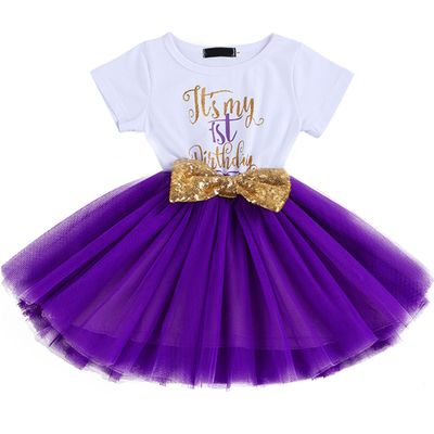 ODASDO Baby Girl It's My 1st Birthday Party Dress First Birthday Cake Smash Outfit Shiny Letter Print Cotton Short Sleeve Sequin Bowknot Tutu Tulle Princess Skirt Summer Clothes Photo Props Purple
