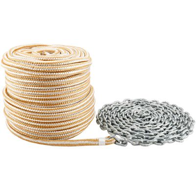 NovelBee 3/8 Inch x 100 Feet Double Braid Nylon Rope with 1/4 Inch x 15 Feet Galvanized Chain for Boat Anchor Rope and Dock Line (White/Gold)