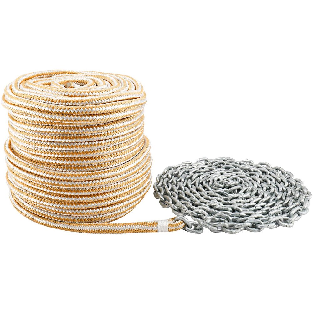 NovelBee 3/8 Inch x 100 Feet Double Braid Nylon Rope with 1/4 Inch x 15 Feet Galvanized Chain for Boat Anchor Rope and Dock Line (White/Gold)