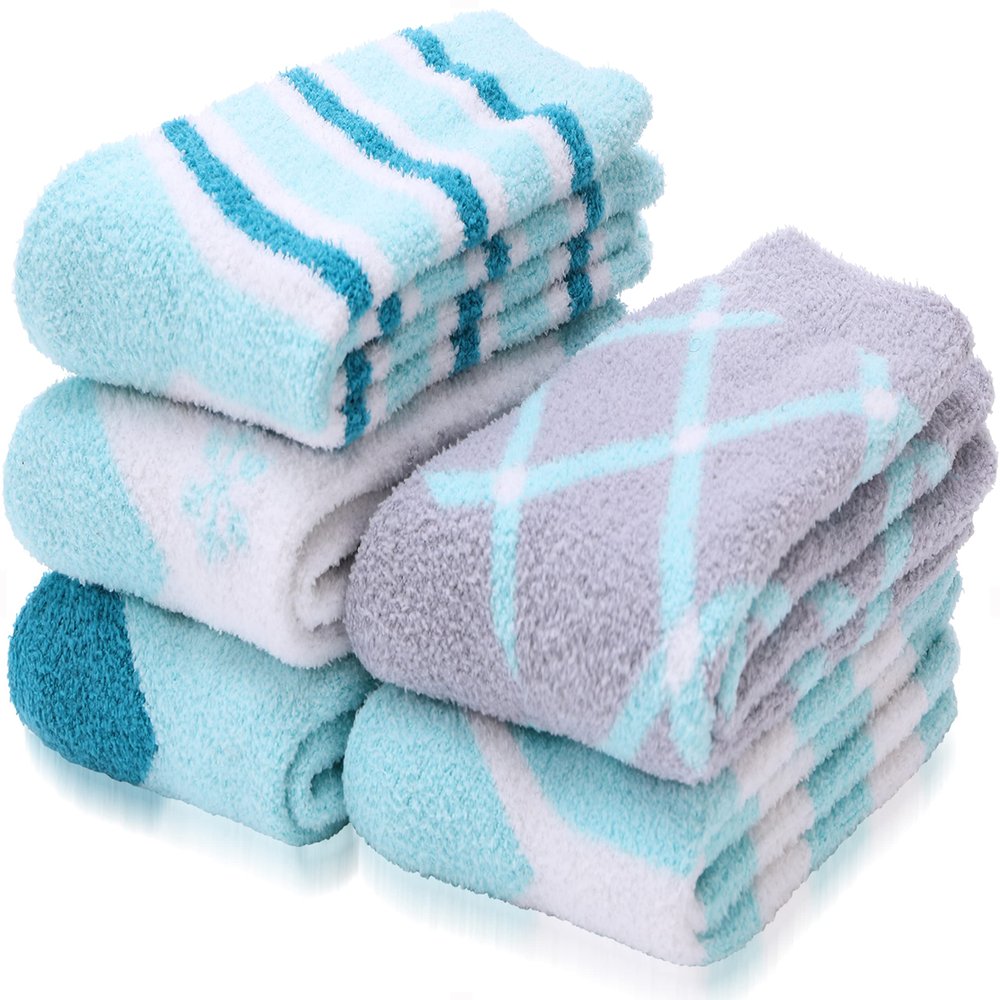ANTSANG Fuzzy Socks for Women, Fluffy Warm Soft Slipper Socks for Winter & Home, Ideal for Teen Girls(Blue Series/White/Grey)