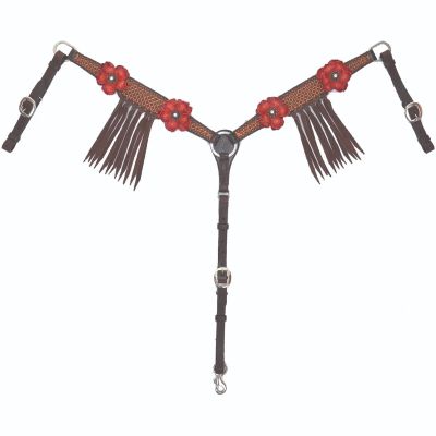 Circle Y Sarah Rose Vintage Hand-Tooled Leather Breast Collar with Red Flower Conchos, Lace & Fringe | Adjustable Stainless Steel Horse Tack for Show & Trail Riding