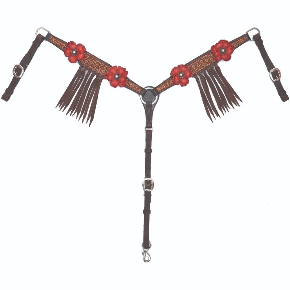 Circle Y Sarah Rose Vintage Hand-Tooled Leather Breast Collar with Red Flower Conchos, Lace & Fringe | Adjustable Stainless Steel Horse Tack for Show & Trail Riding