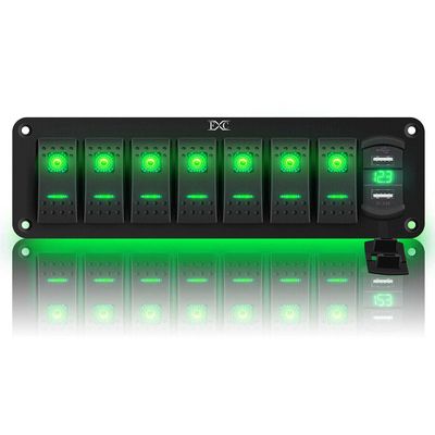 FABOOD F 12V 24V Rocker Switch Panel 7 Gang Toggle Switches Waterproof ON/Off Green LED Backlight with 4.8 Amps Dual USB Voltmeter for Boat Car Marine Truck Trailer Caravan