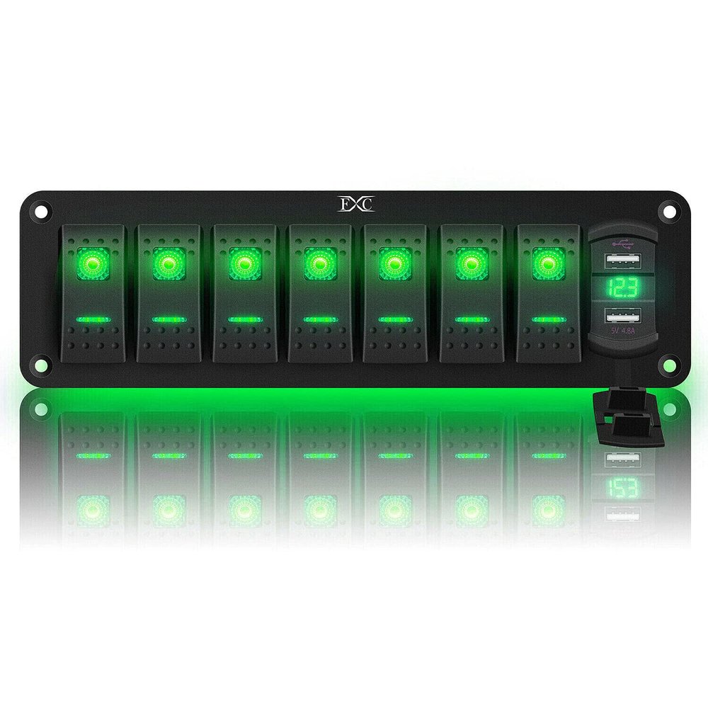 FABOOD F 12V 24V Rocker Switch Panel 7 Gang Toggle Switches Waterproof ON/Off Green LED Backlight with 4.8 Amps Dual USB Voltmeter for Boat Car Marine Truck Trailer Caravan