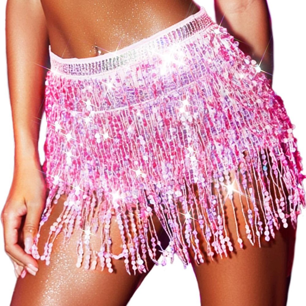 REETAN Sequin Tassel Belly Dance Skirt Fringe Sparkly Rave Wrap Skirts for Women (B-Pink)