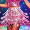 REETAN Sequin Tassel Belly Dance Skirt Fringe Sparkly Rave Wrap Skirts for Women (B-Pink) view 3