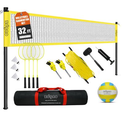 Badminton & Volleyball Combo Set- 32FT Adjustable Professional Volleyball Net for Lawn, Backyard, Easy Set up Volley ball Set with Volley ball,Badminton Racquets,Carry Bag,Boundary Line for Family Fun