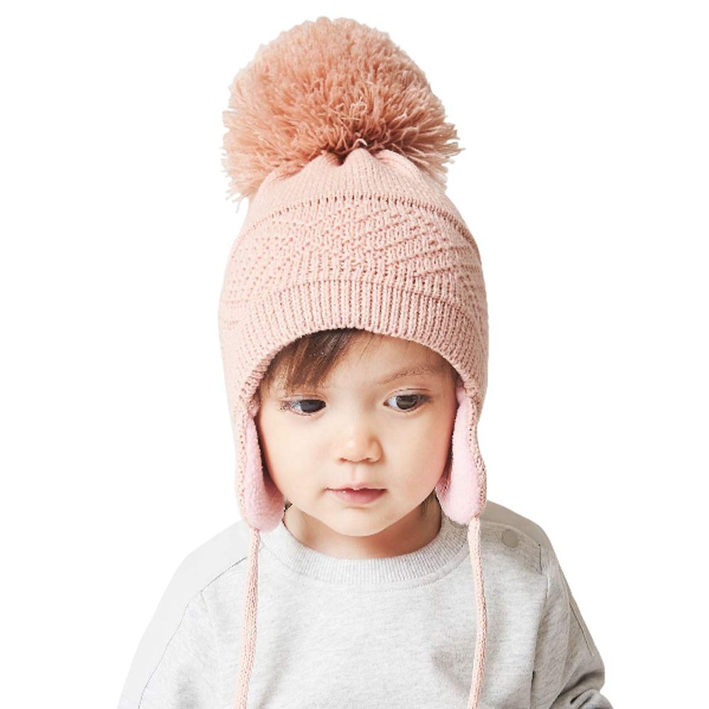 DINGDONG'S CLOSET Baby Toddler Boys Girls Fleece Knit Lined Hat Kids Hat with Earflap Winter Fleece Hat Pom Pom Hat(Pink,0-1T)
