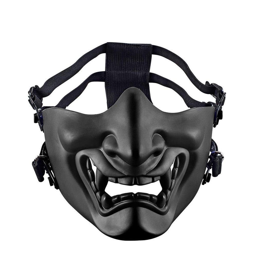 Aoutacc Airsoft Half Face Masks, Airsoft Mask Evil Demon Monster Kabuki Samurai Hannya Oni Mask for Masquerade Party, Halloween, Cs War Game (Adjustable Strap Black)