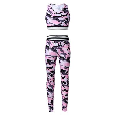 Agoky Youth Teens Girls Two Pieces Athletic Tracksuit Camoufage Camisole Tops with Leggings Pants Activewear Pink 14