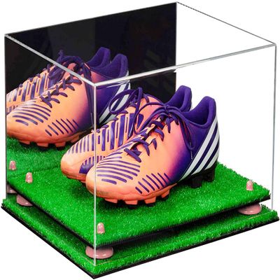 Better Display Cases Acrylic Shoe Pair Display Case for Soccer Cleats Football Cleats with Mirror, Pink Risers and Turf Base (A026/V12)