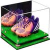 Better Display Cases Acrylic Shoe Pair Display Case for Soccer Cleats Football Cleats with Mirror, Pink Risers and Turf Base (A026/V12)