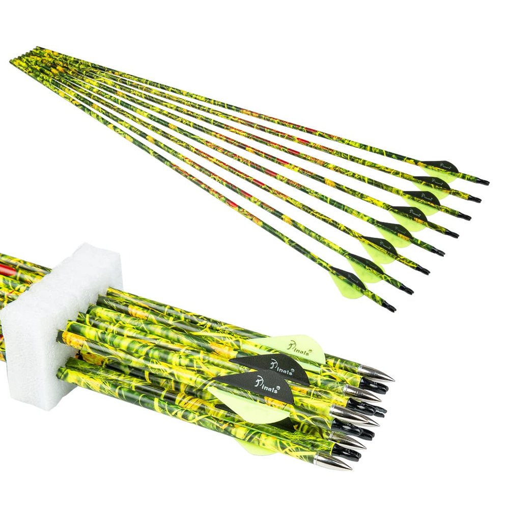 Pinals Archery 28" 30" 300 340 350 400 Spine Carbon Hunting Arrows for Compound Recurve Bow Practice Target 30 Inch Camo Arrow Shaft Pack of 12PCS Yellow 300