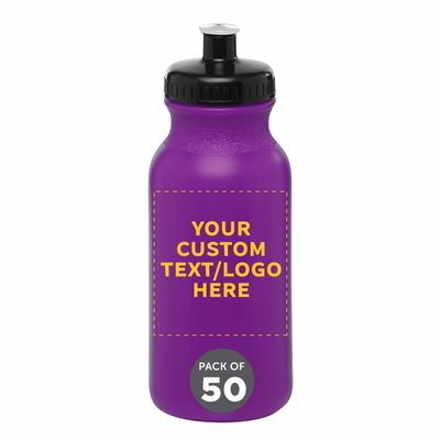 DISCOUNT PROMOS Custom 20 oz. Water Bottles with Push Cap Set of 50, Personalized Bulk Pack - Perfect for Gym, Hiking, Camping, Outdoor Sports - Purple