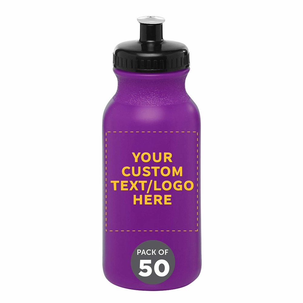 DISCOUNT PROMOS Custom 20 oz. Water Bottles with Push Cap Set of 50, Personalized Bulk Pack - Perfect for Gym, Hiking, Camping, Outdoor Sports - Purple