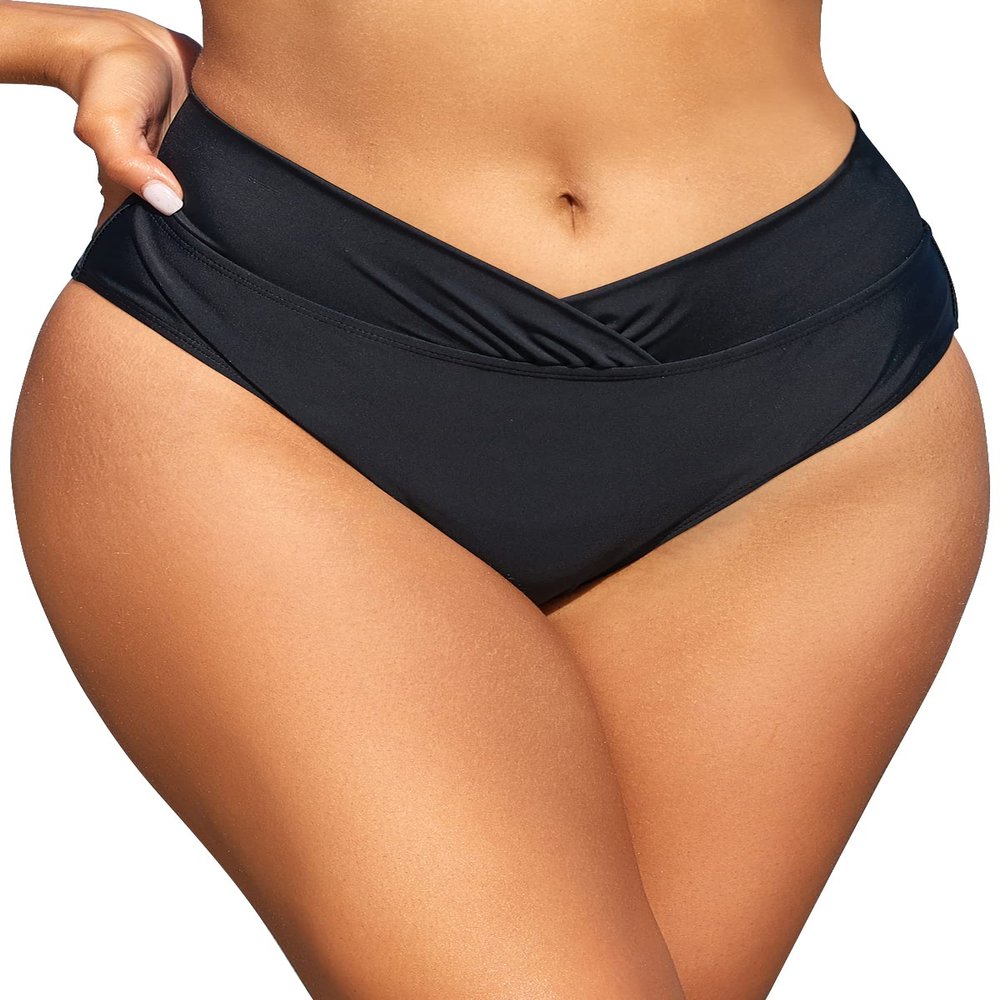 SHEKINI Women's Bikini Bottom Ruched Foldover Swimsuit High Waisted Swim Bottoms (Black, Medium)