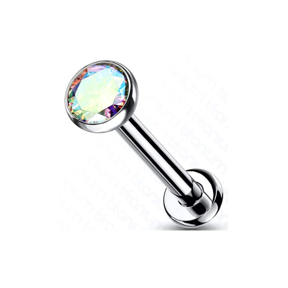 Amelia Fashion Implant Grade Titanium Threadless Push in Labret, Flat Back Studs, CZ Bezel Set Ball Top for Cartilage, Monroe, Nose and More (Aurora Borealis -16GA (1.2mm) - L.5/16" (8mm) - Ball: 3mm)