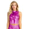 Yartina Women's Metallic Faux Leather Mock Neck Sleeveless Crop Tank Tops Vest Shirt Rose X-Large view 1