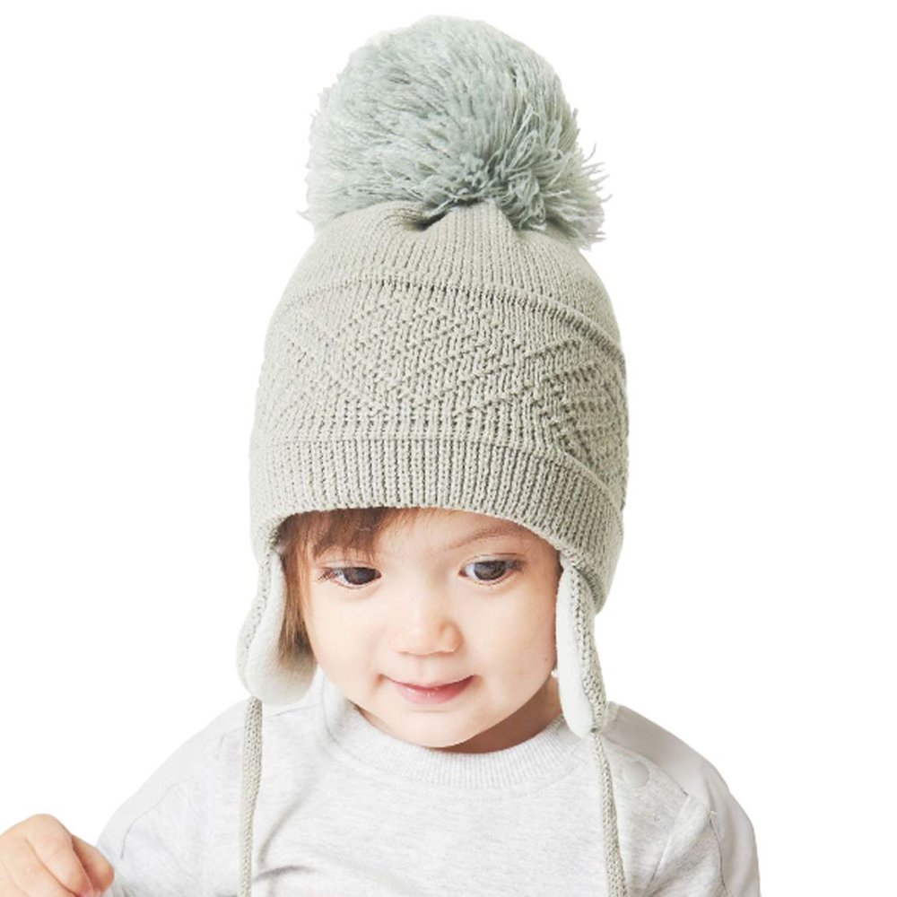 DINGDONG'S CLOSET Baby Toddler Boys Girls Fleece Knit Lined Hat Kids Hat with Earflap Winter Fleece Hat Pom Pom Hat(Grey,0-1T)