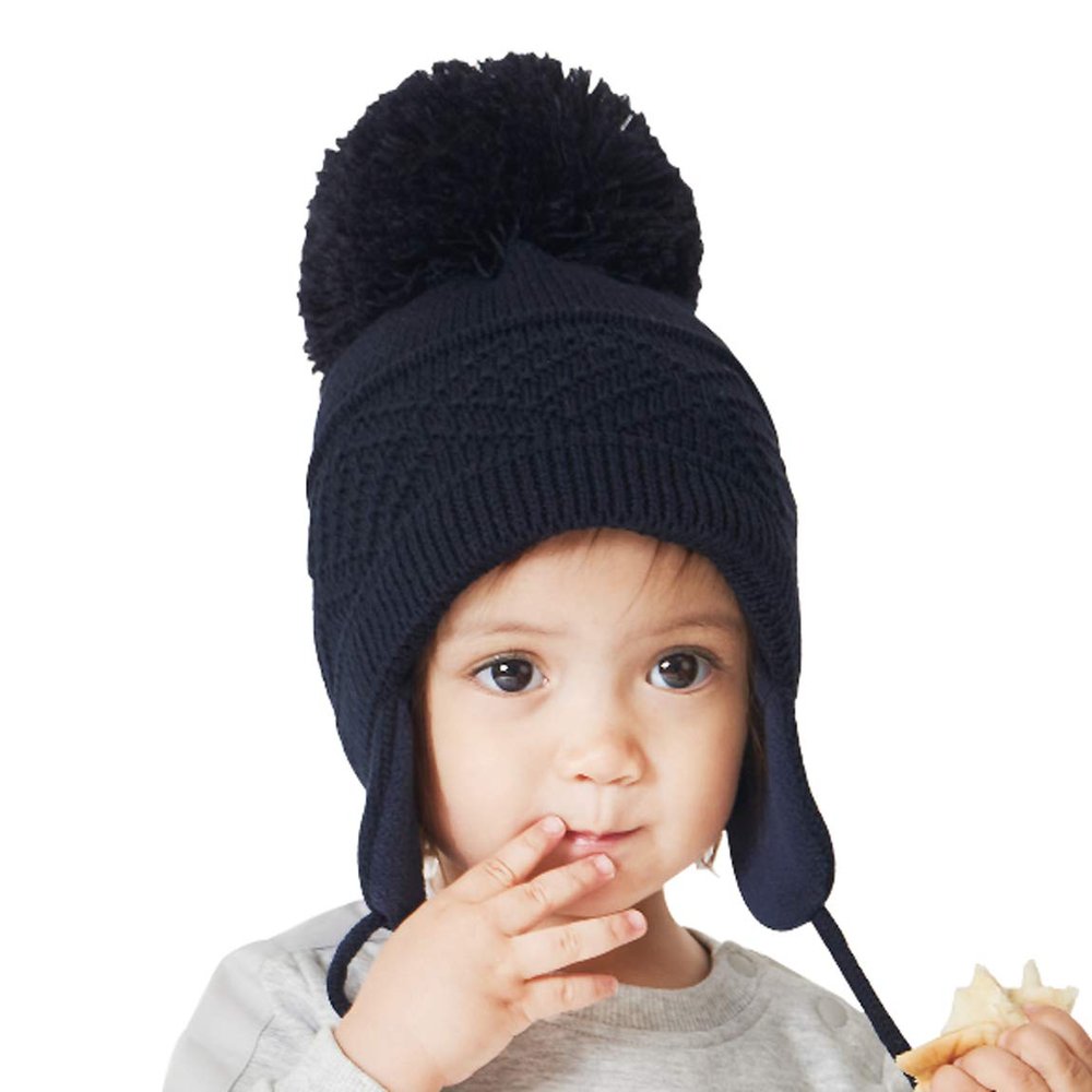 DINGDONG'S CLOSET Baby Toddler Boys Girls Fleece Knit Lined Hat Kids Hat with Earflap Winter Fleece Hat Pom Pom Hat(Navy,0-1T)
