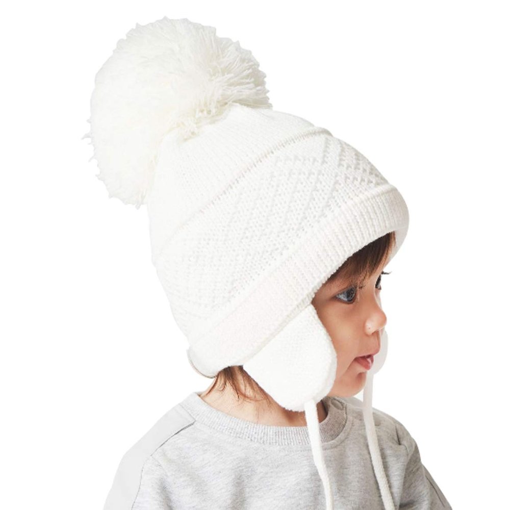 DINGDONG'S CLOSET Baby Toddler Boys Girls Fleece Knit Lined Hat Kids Hat with Earflap Winter Fleece Hat Pom Pom Hat(White,1-2T)