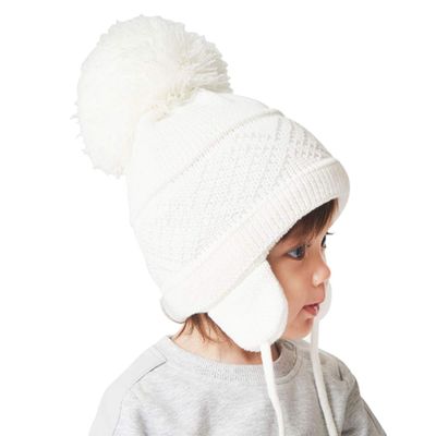 DINGDONG'S CLOSET Baby Toddler Boys Girls Fleece Knit Lined Hat Kids Hat with Earflap Winter Fleece Hat Pom Pom Hat(White,2-4T)