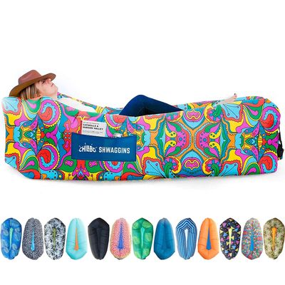 Chillbo Shwaggins Inflatable Couch No-Pump Setup, Ripstop Polyester, Stability Pegs, Fun Prints, Portable Air Lounger for Beach, Camping, Festivals, and Tailgating - 60s Psychedelic