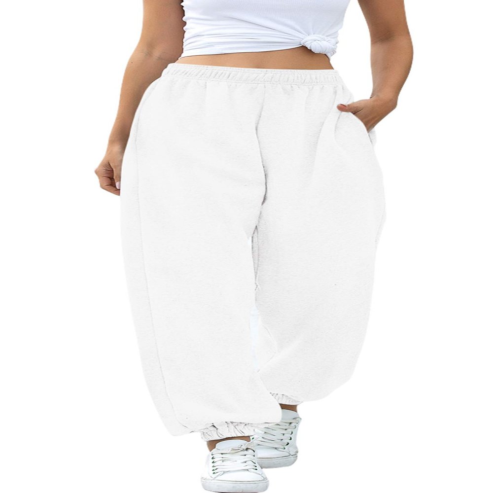 chouyatou Women's Sports High Waisted Loose Baggy Fleece Gym Jogger Sweatpants with Pocket (Large, White)