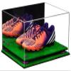 Better Display Cases Acrylic Shoe Pair Display Case for Soccer Cleats Football Cleats with Mirror, Purple Risers and Turf Base (A026/V12)