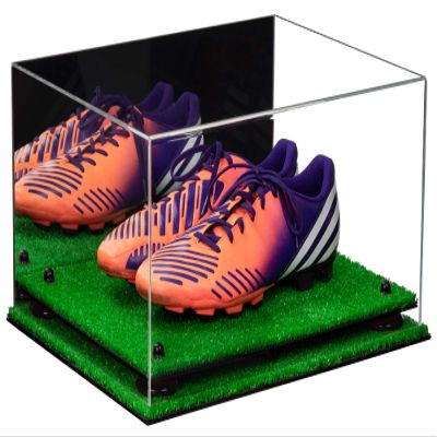 Better Display Cases Acrylic Shoe Pair Display Case for Soccer Cleats Football Cleats with Mirror, Black Risers and Turf Base (A026/V12)