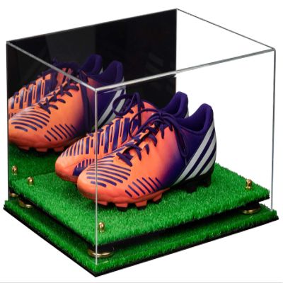 Better Display Cases Acrylic Shoe Pair Display Case for Soccer Cleats Football Cleats with Mirror, Gold Risers and Turf Base (A026/V12)