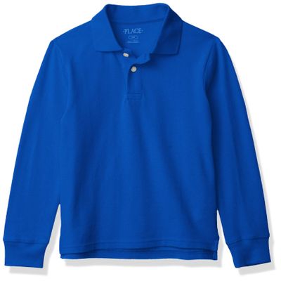 The Children's Place Boys' Uniform Long Sleeve Pique Polo, Renew Blue, XXL (16)