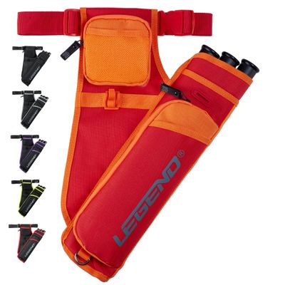 Legend First Archery Quiver Case for Arrows - Right Handed Target Shooting Hip Quivers with Adjustable Belt & 3 Arrow Tubes - Durable T-Slot & Storage Pockets for Accessories & Score Card - Red