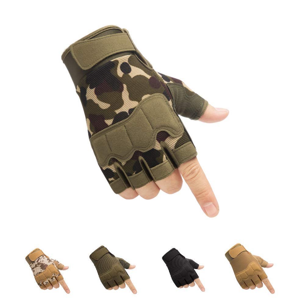 HYCOPROT Fingerless Gloves, Knuckle Protective Breathable Lightweight Outdoor Gloves for Motorcycling, Climbing (X-Large, Green Camo)
