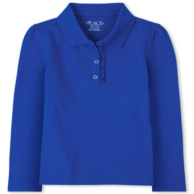 The Children's Place Girls' Uniform Long Sleeve Ruffle Pique Polo Renew Blue XL (14)