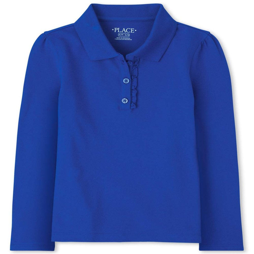 The Children's Place Girls' Uniform Long Sleeve Ruffle Pique Polo Renew Blue XL (14)