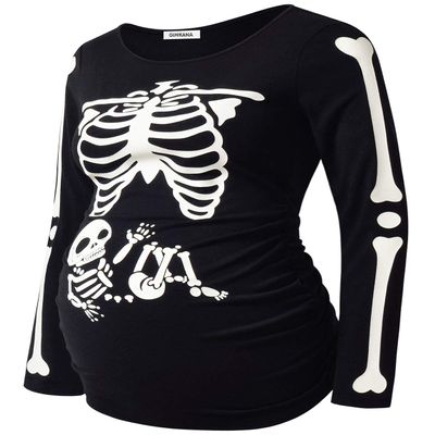 GINKANA Maternity Shirts Glow in The Dark Skeleton Halloween Shirt Pregnant Long Sleeve T-Shirt,L