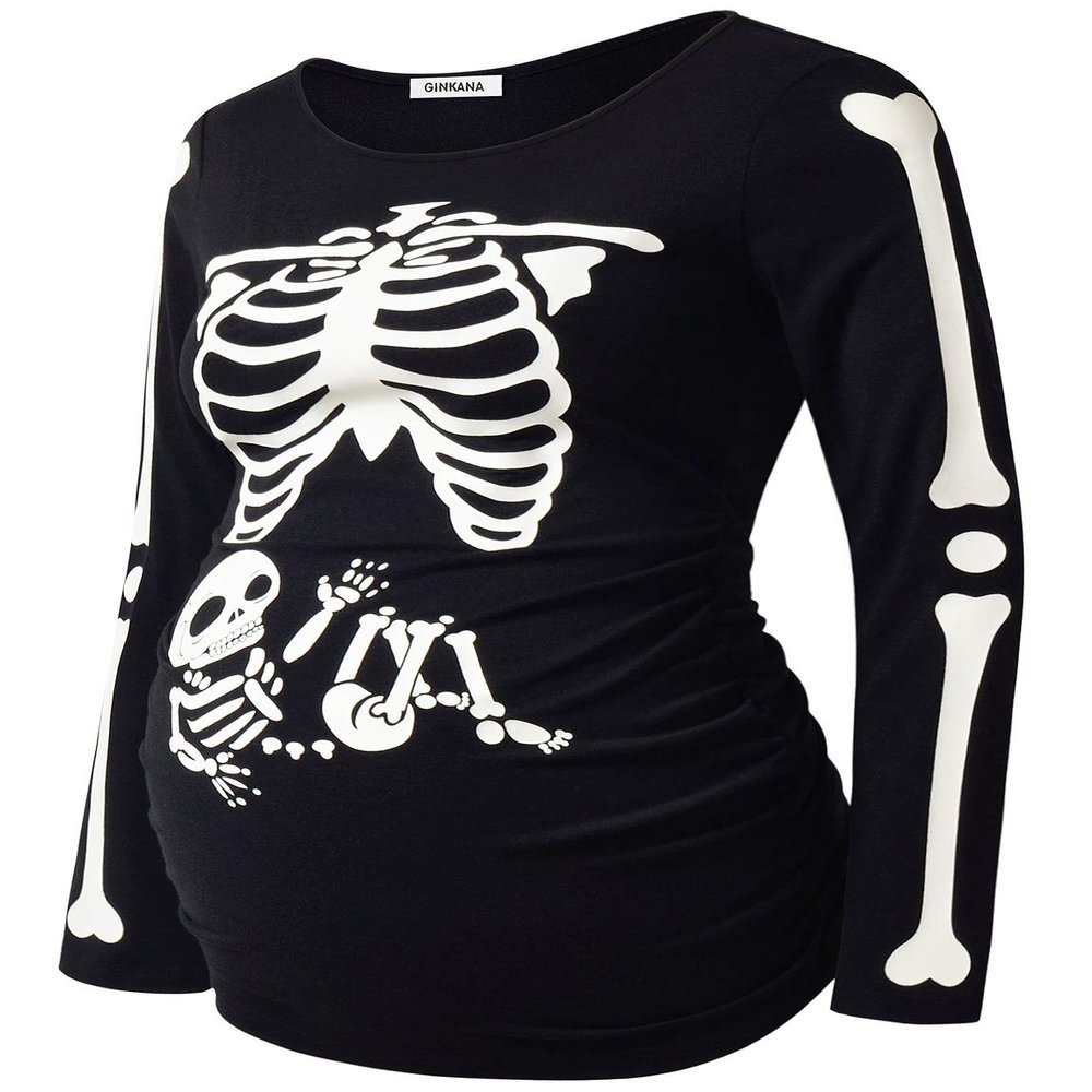 GINKANA Maternity Shirts Glow in The Dark Skeleton Halloween Shirt Pregnant Long Sleeve T-Shirt,L