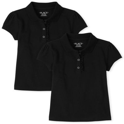 The Children's Place Girls Short Sleeve Ruffle Pique Polo,Black 2 Pack,XL (14)