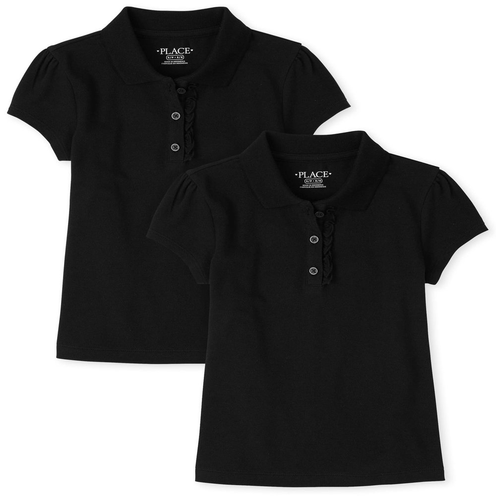 The Children's Place Girls Short Sleeve Ruffle Pique Polo,Black 2 Pack,XL (14)