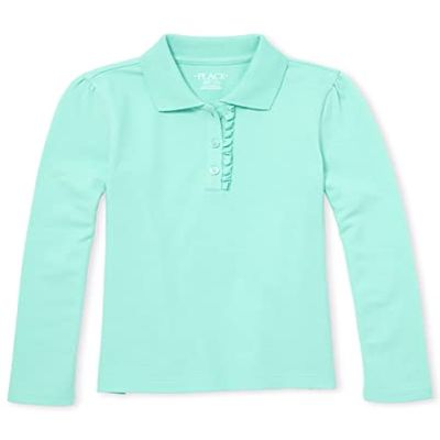 The Children's Place Girls' Uniform Long Sleeve Ruffle Pique Polo, Seafrost Single, X-Large
