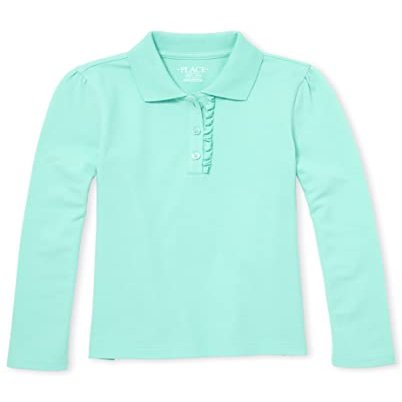 The Children's Place Girls' Uniform Long Sleeve Ruffle Pique Polo, Seafrost Single, X-Large