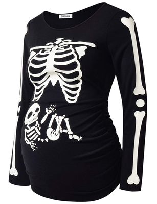 GINKANA Maternity Shirts Glow in The Dark Skeleton Halloween Shirt Pregnant Long Sleeve T-Shirt,M