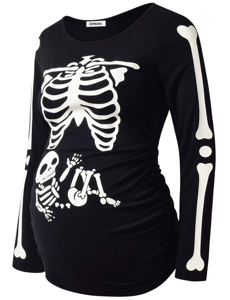 GINKANA Maternity Shirts Glow in The Dark Skeleton Halloween Shirt Pregnant Long Sleeve T-Shirt,M