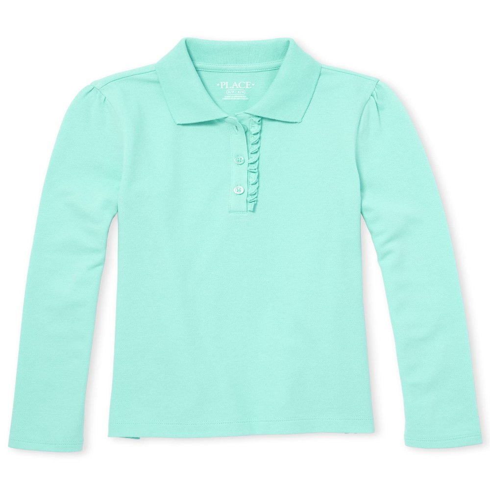 The Children's Place girls Long Sleeve Ruffle Polo Shirt, Seafrost, L 10 12 US