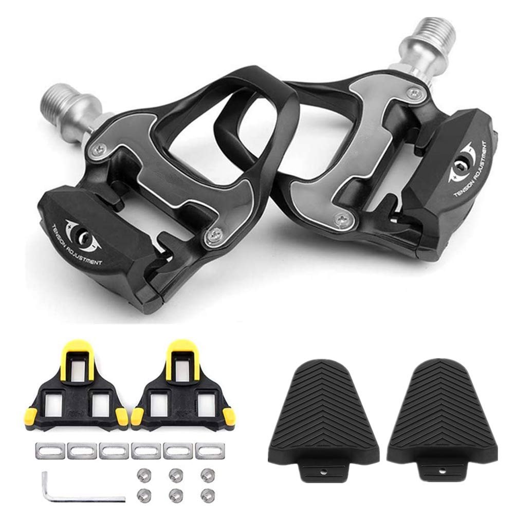 BESTYMXY Bike Pedals Road Bike Pedals Ultralight Pedals Compatible with SPD SL + Cleat Set + Cleat Covers, 3 in 1